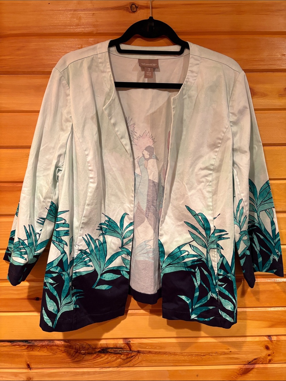 Chico's Mint Green and Teal Botanical Open-Front Blazer